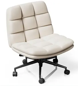 Armless-Office Desk Chair With Wheels: PU Leather Cross Legged Wide Chair Comfortable Adjustable Swivel Computer Task Chairs For