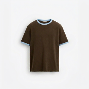 T-shirt à manches courtes marron pour homme, col rond, coupe classique, décontracté, respirant, 180g, avec logo frontal, en jersey de coton, bordure contrastante bleu clair - Product Image 1