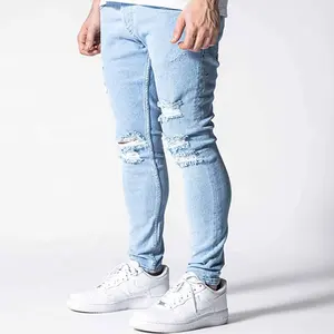 Calça jeans com design de logotipo personalizado, calça jeans skinny rasgada para homens