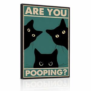 Tableau mural en toile encadré avec chat drôle pour salle de bain, cadre noir, 'Are You Pooping', humorisme rétro vintage sur le thème du chat noir, décoration, cadeau pour café, vente en gros - Product Image 1