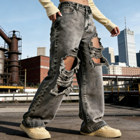 Pantalon en jean noir déchiré et effiloché pour femme, style streetwear décontracté, taille haute, coupe droite, baggy