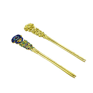 Antique Style Hairpins Gold And Peacock Blue Metal Hair Forks <b>Wedding</b> Headdress <b>Accessories</b> Baking Paint Charm Embellishment - Product Image 1