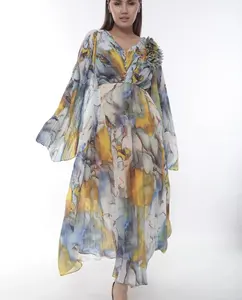 2023 Summer new elegant dress for women Chiffon print V-neck pleated long-sleeve dress with 3D corsage