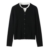 100% Wolle Faux-Zweiteiler Zopfmuster-Strickjacke für Damen Rundhals Knopfleiste Langarm Cropped Pullover OEM OEKO-TEX