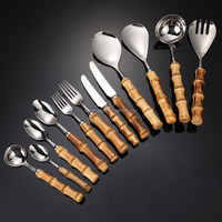 Lot de 24 couverts en acier inoxydable et bambou vintage-Fourchette cuillère en argent pour repas, camping et nourriture pour bébé pour cadeaux.