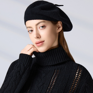 Boina Francesa de Cachemira 100% Tejida a Mano, Gorro de Invierno para Mujer, con Borde Acanalado, Color Sólido, de Lujo y Suave - Product Image 1