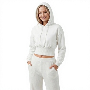 Sudadera Corta Blanca para Mujer, con Capucha, Manga Larga, Dobladillo Acanalado, de Punto, Color Sólido, de Algodón, para Otoño - Product Image 3