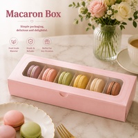 Boîtes à macarons longues en carton pliables roses avec fenêtre, logo imprimé personnalisé