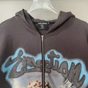 Ropa de hombre con diamantes de imitación de algodón 100% de alta calidad, ropa de calle de peso pesado, Sudadera con capucha de emociones mixtas para hombres - Product Image 5