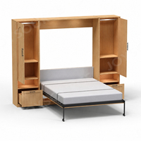 Lit mural moderne Queen/King Size en bois avec bureau intégré, cadre en acier inoxydable, tête de lit éclairée, rangement gain de place, pliable