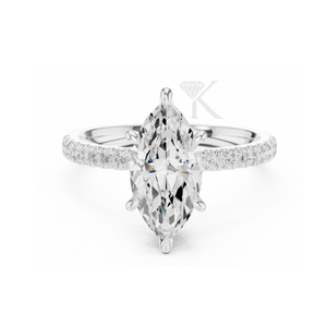 Anillo de compromiso con corte marquesa, banda de oro amarillo con diamantes pavé, halo oculto, anillo nupcial llamativo, anillo de promesa de 6 puntas, elegante - Product Image 3