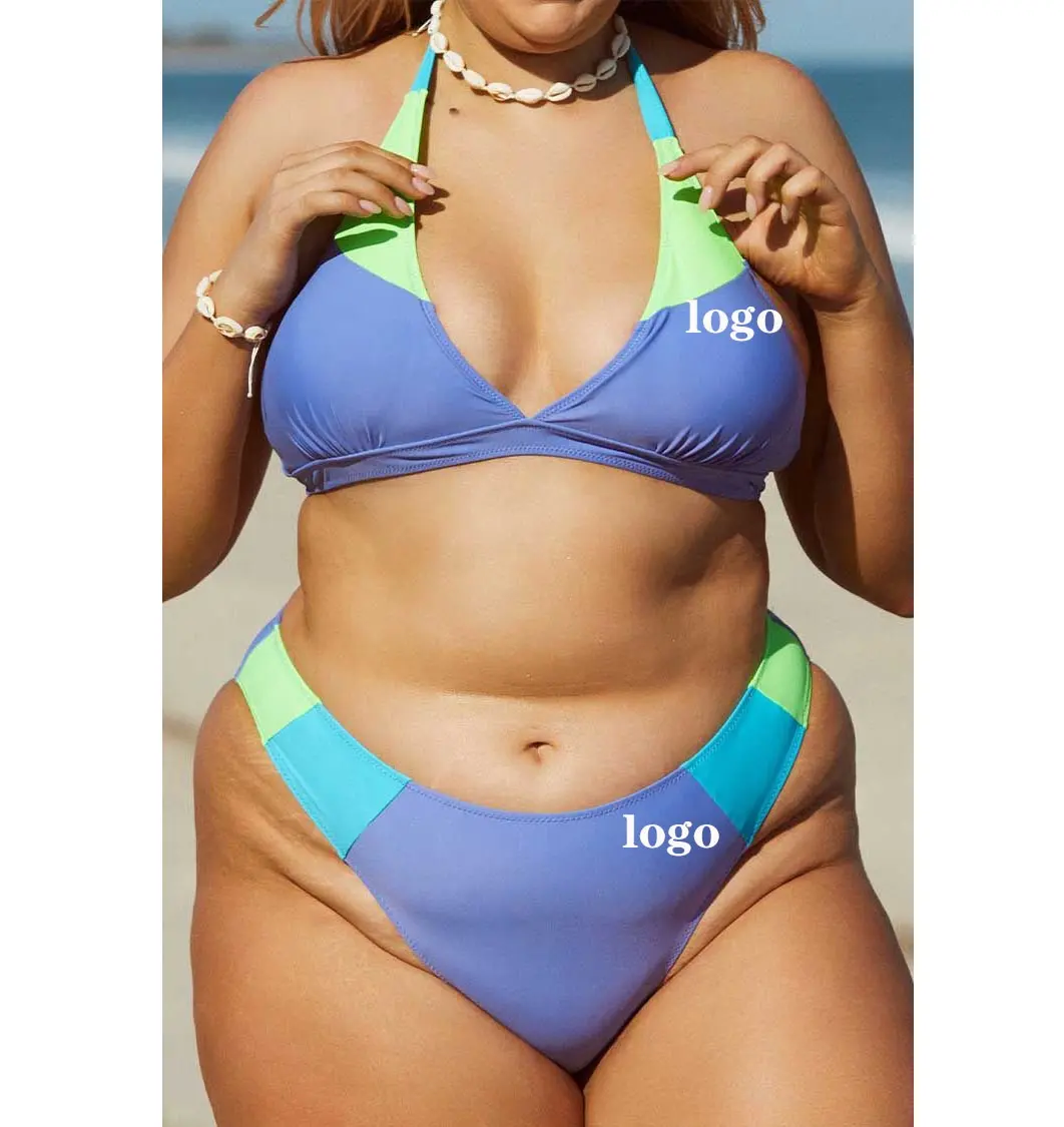 Logo personnalisé maillot de bain femmes couleur bloc col en V dos nu crochet taille haute grande taille deux pièces Bikini