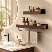 Rak Dinding Logam dan Walnut Hitam Grosir OEM Logo Kustom Set Rak Penyimpanan Kamar Mandi dengan Gantungan Handuk