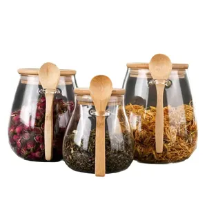 Bocal de stockage en verre de 750ml avec cuillère Bocaux de stockage des aliments en verre avec couvercle en bois Bocaux de stockage en verre avec couvercle en bois