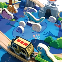 Set de Juego de Tren de Dinosaurios de Madera de 80 Piezas al por Mayor para Niños con Pista, Tapete de Juego y Helicóptero de Juguete para Animales