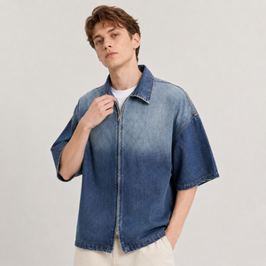 Camisa Casual Bordada con Cierre y Cuello en V de Mezclilla Floral Personalizada MENGTU, Estilo Coreano, Formal, de Manga Corta, Holgada y Transpirable para <span class=keywords><strong>Hombre</strong></span> - Product Image 2