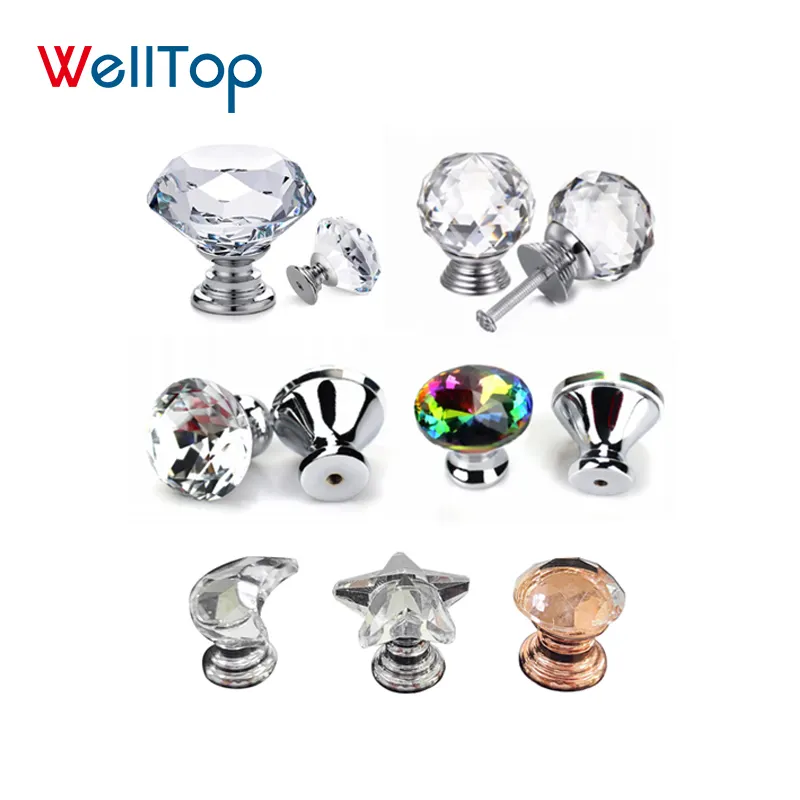 WELLTOP Kitchen Furniture Crystal Diamond Cabinet Handle Small Drawer Knobs Crystal Zinc Alloy Base Small Knobs Handle VT-01.147