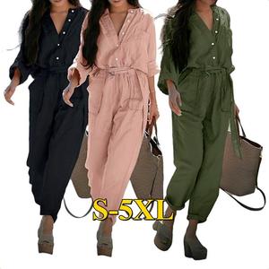 Spring Summer <b>Women</b> Casual Jumpsuits Ankle Knitted Solid Long Sleeve V-neck Belted Single Breasted Plus Size Loose <b>Overalls</b> - Product Image 1