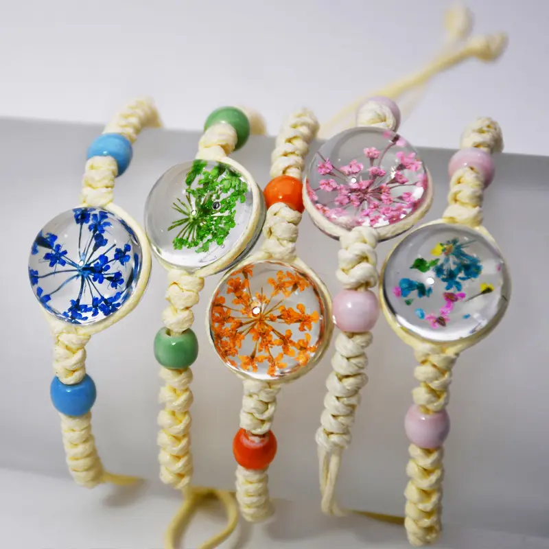 Bracelet Tressé Tissé Fait Main de Style Bohème Boule de Cristal Bracelet de Fleurs Séchées Naturelles pour Femmes Bijoux de Plage d'Été