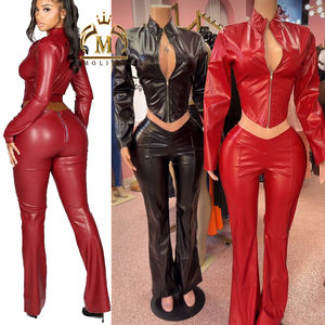 Hochwertiges Damen-Leder-Set, 2-teilig, Crop-Jacke, Oberteil, lange Hose, passendes Set, sexy Kunstleder-Zweiteiler, Damenbekleidung - Product Image 1