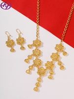Ensemble collier et boucles d'oreilles Hongyue style Dubaï plaqué or 24 carats avec pampilles florales, bijoux creux floraux pour femmes, pour mariage et soirée