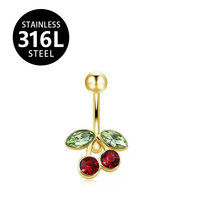 Anneau de nombril en acier inoxydable 316L plaqué or 14G avec zircon rouge et vert, bijou de piercing pour femme