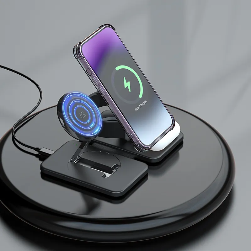 Desain terbaru 2024 Qi 15W dudukan telepon pengisian daya magnetik dapat dilipat pengisi daya nirkabel 3 in 1 untuk jam tangan pintar stasiun Earphone baru