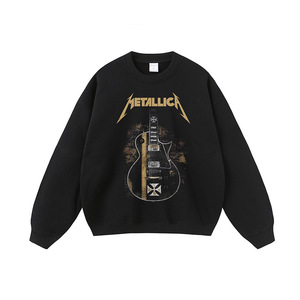Cross-Border Rock Guitar <b>Printed</b> Winter Hoodie Vintage Washed Heavy Cotton 400g+ Loose Crew Neck Men's Long-Sleeve - Product Image 5