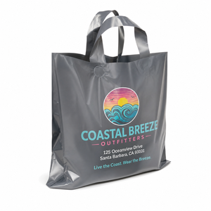 Bolsa de plástico gris impresa premium con asa gruesa de HDPE, personalizada con logotipo, para compras y venta al por menor. - Product Image 1