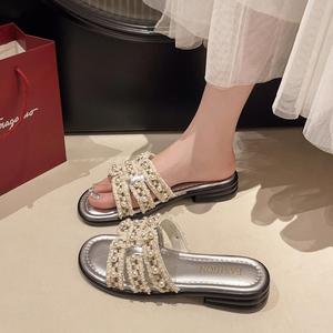 Chic Tweed Style Women Pearl <b>Flat</b> Slide <b>Sandals</b> Soft Breathable Sole Outdoor Beach slippers for Summer Daily Wear - Product Image 1
