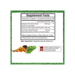 Supplément de poudre de feuille de curcuma et de moringa biologique personnalisé Capsule de biopérine antioxydante Bienfaits pour la santé - Product Image 2