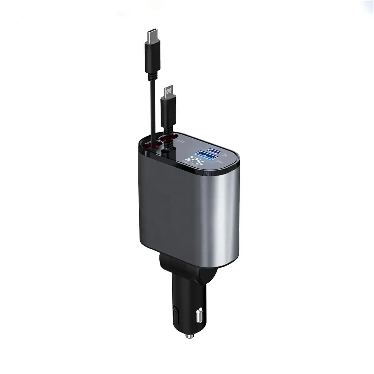 Caricabatteria da auto retrattile veloce caricabatteria da auto USB C ricarica rapida 60W 2 cavi retrattili e adattatore per caricabatteria da auto con porta USB