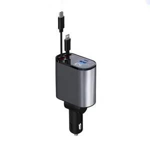 Caricabatteria da auto retrattile veloce caricabatteria da auto USB C ricarica rapida 60W 2 cavi retrattili e adattatore per caricabatteria da auto con porta USB