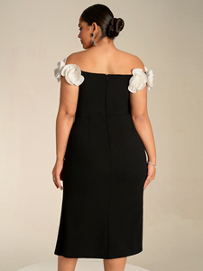 Robe de soirée élégante pour femmes grandes tailles, épaules dénudées, manches courtes en forme de pétales, dos nu, taille cintrée, robe moulante <span class=keywords><strong>mi</strong></span>-longue avec fente latérale - Product Image 3