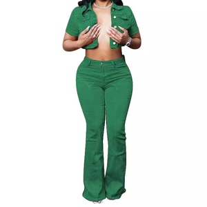 Flare Stretch Pants Short Sleeve Short <b>Tops</b> Women's Casual Denim 2 Piece Set Fashion - Product Image 4