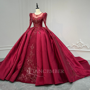 Xs245 <b>Red</b> Customizable Long Sleeves Lace-Up Keyhole Back Evening Dress Crystal Beading Luxury Dress Jancember - Product Image 3