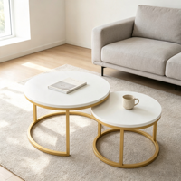 Ensemble de tables basses gigognes modernes, plateau blanc mat, structure en métal doré, 2 pièces, pour salon, appartement, chambre à coucher