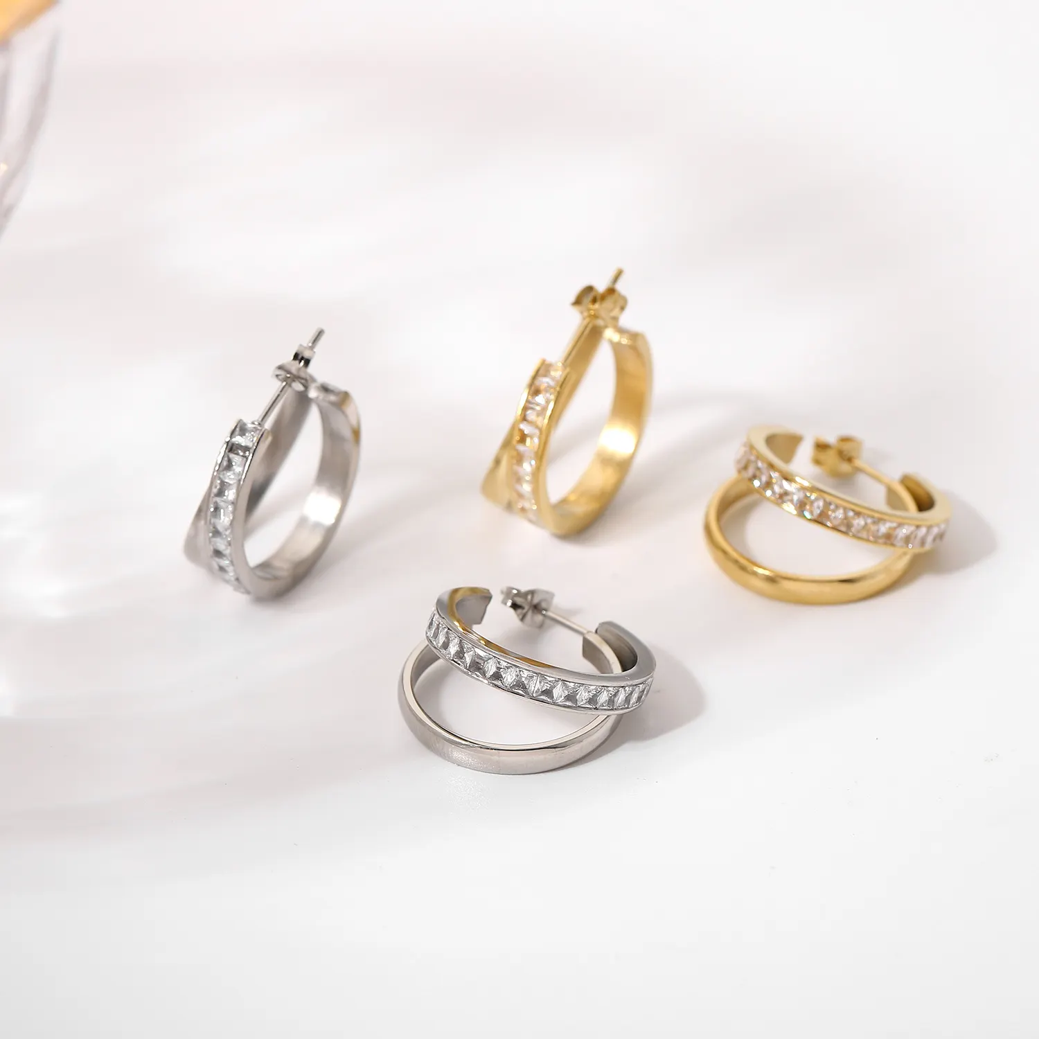 Fancy Design 14K Gold Silver Stainless Steel Earring Jewelry Double Layer Zircon Stud Earrings For Women