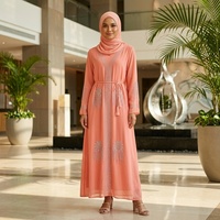 Robe musulmane pour femmes en gros, style Dubaï, Abaya Kaftan brodée de strass dorés, tenue modeste avec hijab assorti pour l'Aïd