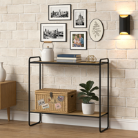 Table console moderne à 2 niveaux en bois avec cadre en métal noir et décoration en fil métallique pour salon, entrée, couloir, utilisation en meubles de maison