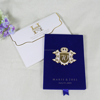Luxuriöse Marineblaue Samt-Hardcover-Broschüre mit Acryl-Etikett, Individueller Heißprägung, Gold-Spiegel-Acryl Hochzeitseinladungskarte