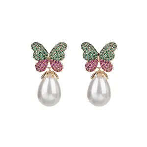 Earing-838 Xuping Jewelry Elegantly Delicate Butterfly Diamond Synthetic CZ Pearl Pendant with 18 Gold Earrings