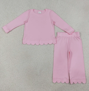Vêtements de nuit pour petites filles, couleur unie, bordure festonnée, haut à manches longues, pantalon à jambes larges, tenue de pyjama décontractée pour la maison - Product Image 2