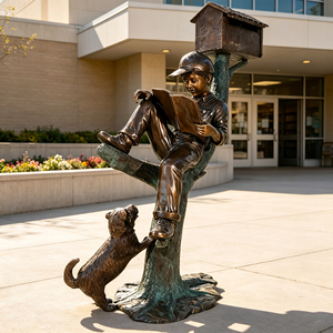 Escultura <span class=keywords><strong>de</strong></span> Bronce Fundido a Medida, Estilo Figurativo Realista, para <span class=keywords><strong>Parque</strong></span> Urbano, Niño Leyendo un <span class=keywords><strong>Libro</strong></span> con Perro y Árbol - Product Image 3