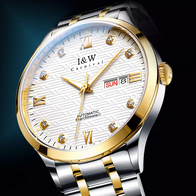 I&W Carnival Men's Automatic Watch-41mm Two-Tone Gold Steel 50M Waterproof Sapphire Crystal Luxury Fashion Square Dial Custom