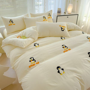 Parure de lit pinguin jaune, housse de <span class=keywords><strong>couette</strong></span> 4 pièces, motif floral tissé, 100% polyester, anti-boulochage, design mignon de dessin animé, pour enfants, maison - Product Image 2