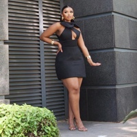 Robe Courte Sexy Sans Manches Style Européen et Américain, Moulante, Évidée, Douce, Quotidienne, de Soirée, Élégante, Couleur Unie, avec Nœud et Col Halter