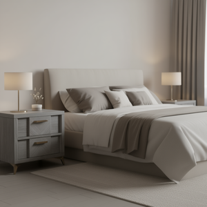 Table de chevet à 2 tiroirs en placages grises, style moderne du milieu du siècle, meubles de chambre à coucher - Product Image 2