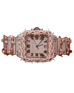 Reloj de Lujo de Moda, Oro Rosa, Corte Redondo, Moissanita, Esfera Romana con Pavé Completo, Correa de Cuero Amarillo, Diseño Personalizado, Reloj para Fiestas - Product Image 1