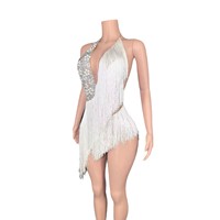 Robe de soirée sexy en tissu maille diamantée pour femme, col en V profond, robe de danse latine à franges, mini-robe pour spectacle d'été